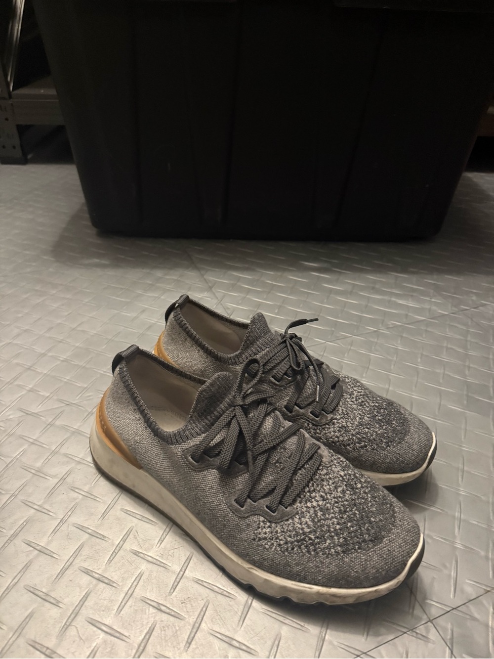 Brunello Cucinelli Gray Knit Lace-Up Sneakers with Tan Accent